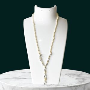 Vintage Monet Jewelry Necklace Rhinestone Pearl Beaded Silver Tone Drop 90s Glam
